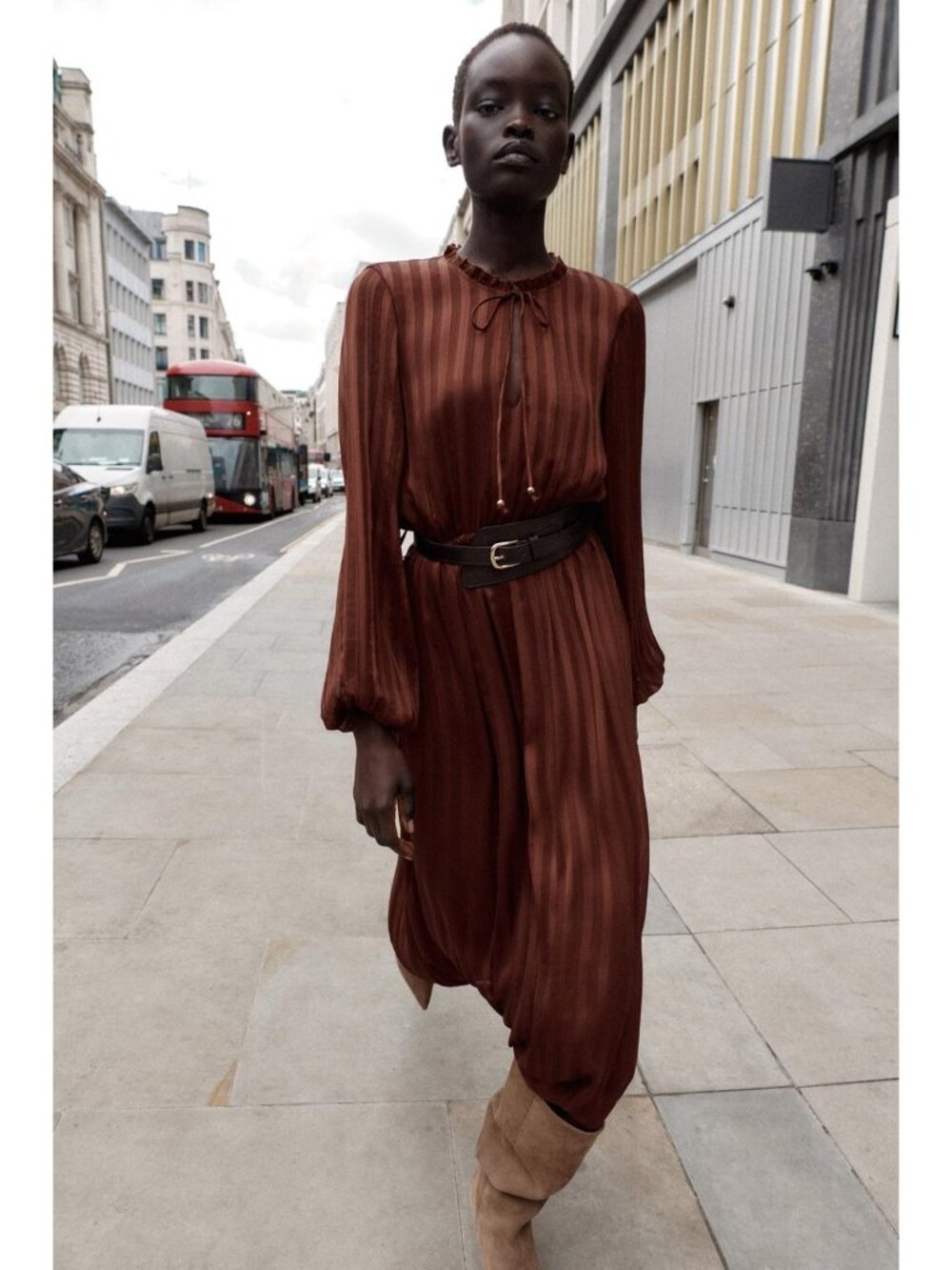 Zara Women Belted Midi Dress Medium Brick Ruffle Collar Puff Sleeve 4387/231 NWT - Picture 4 of 15